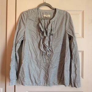 LOFT Blue and white stripe ruffle top, medium